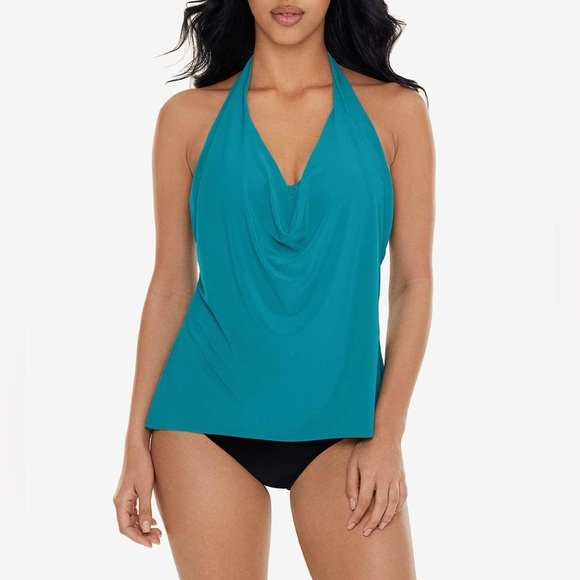 Magicsuit Sophie Tankini Top Swim Pacific Blue Solid Cowl Neck Halter Sz 8 - Picture 2 of 12